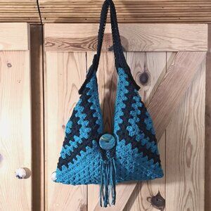 Hand Crafted Crochet Bag Hobo Purse Tote Three Granny Square Cotton Teal Black